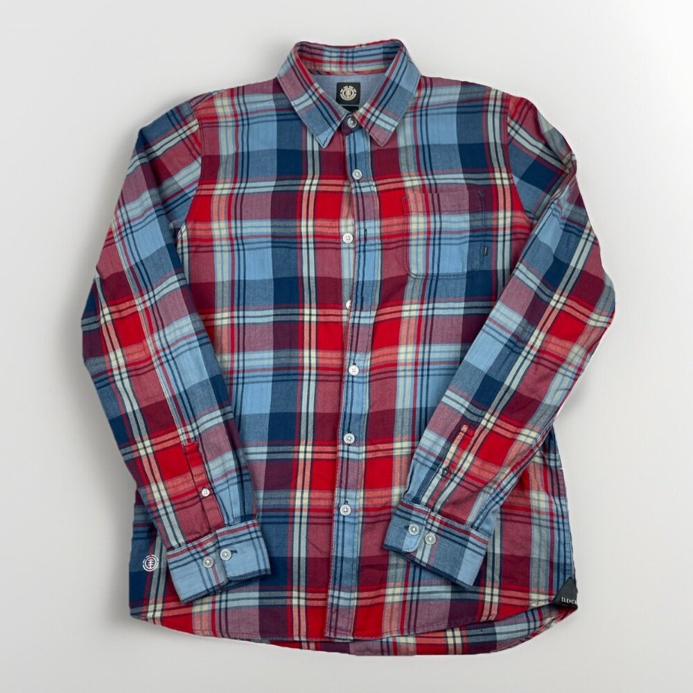 Y2K Element Plaid Flannel Check Long Sleeve Button Shirt Men Size L Red / Blue